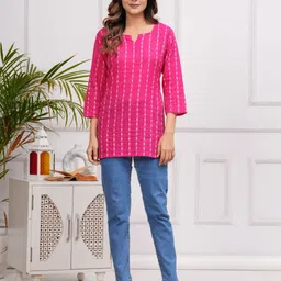 western cotton Casual Regular Sleeves Striped Women Pink Top image 5