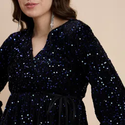 drape and dazzle Party Bell Sleeves Self Design Women Blue Top image 4