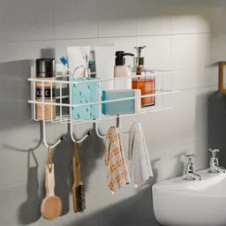 Multipurpose Bathroom Shelf with 4Hooks Wall Mount Rack(Set of 1) Plastic Wall Shelf-image-10