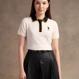 u.s. polo assn. Women Solid Polo Neck Cotton Blend White T-Shirt image 1