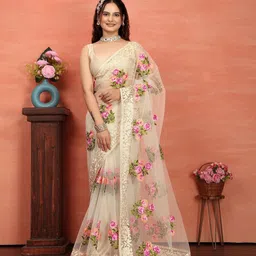 HERE&NOW Floral Embroidered Net Saree-picture-14