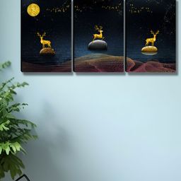 SAF Black & White 3 Pieces Deer & Moon Printed Wooden Wall Art-image-138