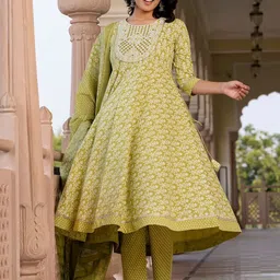 KALINI Floral Printed Mirror Work Anarkali Pure Cotton Kurta With Trousers & Dupatta image 4