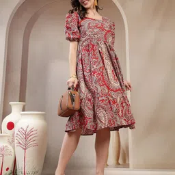 Tzelynn Women Ethnic Motifs Printed Puff Sleeve Cotton Fit & Flare Dress image 1