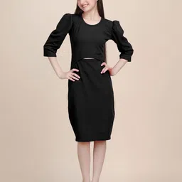 STARWORD Girls Solid Puff Sleeve Sheath Straight Dress-picture-11