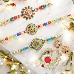 MEIRA JEWELLERY 3-Pcs Rakhi With Roli Chawal & Greeting Card-picture-35