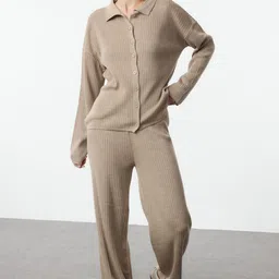 Trendyol Ribbed Shirt Collar Acrylic Cardigan And Trouser-image-29