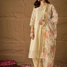 House of Pataudi Women Floral Yoke Design Kurta with Trousers & Dupatta-image-1