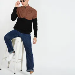 numero uno Men Colorblock High Neck Black, Brown Sweater image 2