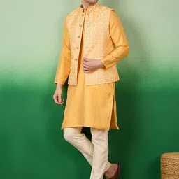 Sangria Woven Design Zari Straight Kurta With Pyjama & Nehru Jacket image 5