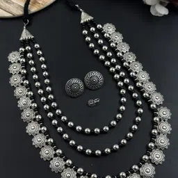 NAMAN ARTS Silver-Plated Artificial Beads Beaded Oxidised Floral Jewellery Set-picture-30