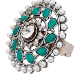 Anouk Set of 2 Turquoise Pearl Stone Studded & Floral Shaped Earrings & Ring image 3