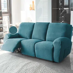 HOKIPO Blue 8 Pieces Self Design 3-Seater Jacquard Sofa Cover With Arms image 1