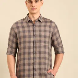 Linen Club Men Spread Collar Checked Linen Casual Shirt-picture-0
