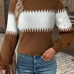 LULU & SKY Women Self Design Colourblocked Mock Collar Long Sleeves Pullover image 4