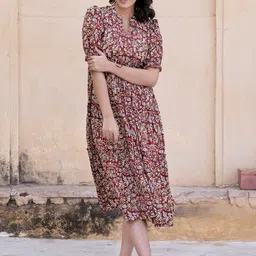 Jash Creation Print Puff Sleeve Applique Crepe Fit & Flare Maxi Dress image 5