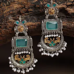 RHOSYN German Silver-Plated Artificial Stones Studded & Beaded Crescent Shaped Chandbalis image 2