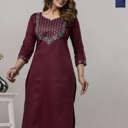 AUZAAI COLLECTION Pack Of 2 Embroidered Round Neck Thread Work Pure Cotton Straight Kurta-image-21