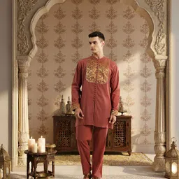 House of Pataudi Embroidered Thread Work Pure Cotton Jashn Kurta with Trousers-image-27