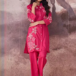 Indo Era Women Floral Embroidered Regular Thread Work Pure Cotton Kurta with Trousers-image-77