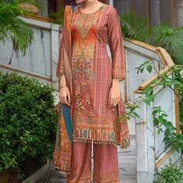 MOJILAA Ethnic Motifs Printed Mirror Work Straight Kurta With Palazzos & Dupatta image 2