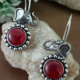 Sanjog Set Of 2 German Silver Silver-Plated Stones Circular Oxidised Drop Earrings image 2