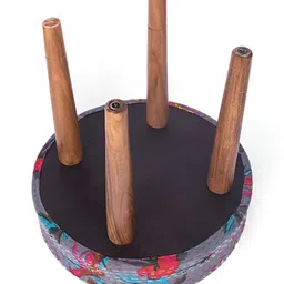 Ikiriya 2-Pcs Grey & Pink Round Wooden Stool with Printed Kantha Upholstery image 5