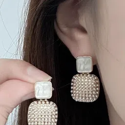 KRENOZ Gold-Plated Pearls Beaded Square Shaped Drop Earrings image 3