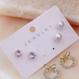 Honbon Women Set of 3 White Pairs Korean Pearl & Wreath Earring Studs-picture-26