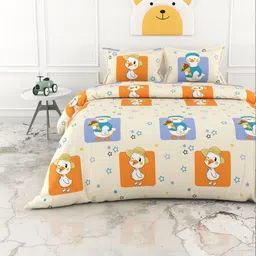 LORETO Cream-Coloured Cartoon Characters 186 TC King Bedsheet with 1 Pillow Covers-picture-21