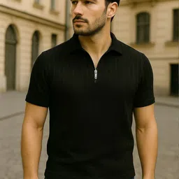 SZN Men Solid Polo Collar Regular Fit T-shirt with Zipper image 4