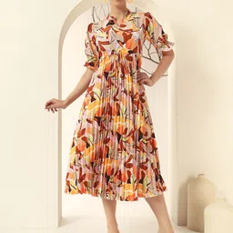 KZULLY STYLE Women Abstract Printed Pleated Mandarin Collar Fit and Flare Midi Dress-picture-24