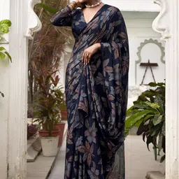 LOOKNBOOK ART Navy Blue Brasso Printed Sarees image 5