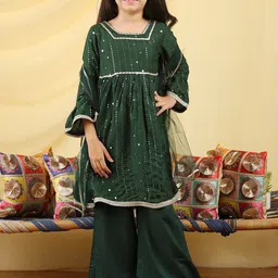 Cutiekins Girls Embroidered Regular Mirror Work Kurta with Palazzos & With Dupatta image 3