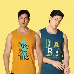 WOOSTRO Men Pack of 2 Typography Printed Round Neck Cotton Slim Fit Sports T-shirts image 5
