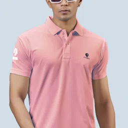 3bros Men Solid Polo Neck Cotton Blend Pink T-Shirt-picture-22