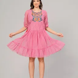 OH MI DIOS Women Embroidered Puff Sleeves Fit & Flare Dress-picture-27