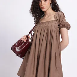 glitchez Solid Square Neck Empire Flared Hem Mini Dress-image-13