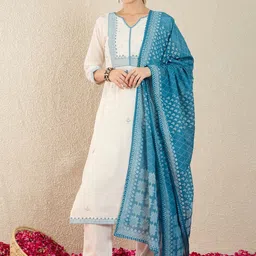 Indo Era Women Ethnic Motifs Embroidered Regular Thread Work Pure Cotton Kurta with Trousers & With Dupatta-image-56