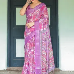 ALMAARI FASHION Floral Printed Zari Pure Linen Banarasi Saree With Unstitched Blouse Piece image 4