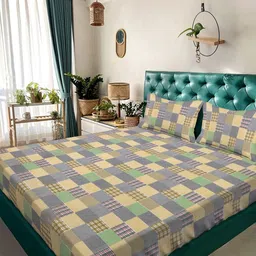 Aura Yellow Checked 350 TC Superfine Super King Bedsheet & 2 Pillow Covers 107" x 107"-picture-23