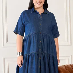 Orchid Blues Women Shirt Collar Tiered Cotton A-Line Dress-image-5