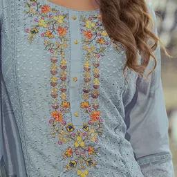 MOJILAA Women Ethnic Motifs Embroidered Regular Chikankari Chanderi Silk Kurta with Trousers & With Dupatta image 4