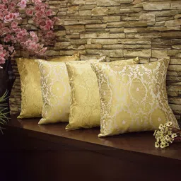 RoyalDeco White 4 Pieces Ethnic Motifs Printed Brocade Silk Square Cushion Covers-picture-12