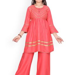 BAESD Girls Solid Gotta Patti Work Round Neck Pure Cotton Kurta with Palazzos-picture-2