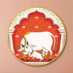 Livin'luxe Orange & White MDF Kamdhenu Cow and Calf Round Wall Art 20" x 20" image 2