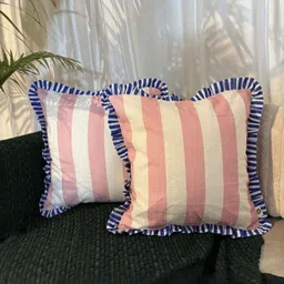 LUSHLYF Cream-Coloured & Blue Striped Pure Cotton Square Cushion Cover image 4