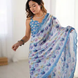 KALINI Floral Mirror Work Silk Blend Saree image 4