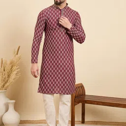 House of Pataudi Geometric Embroidered Thread Work Mandarin Collar Straight Kurta-image-85