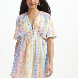 HERE&NOW Women Multi V-Neck Viscose Rayon Above Knee Casual Kaftan Dresses-picture-37